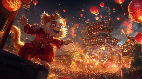 传统建筑前身着红衣的动物形象