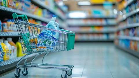 绿色购物车靠洗衣液架停靠