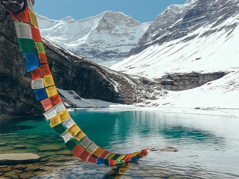 雪山湖泊彩色旗帜