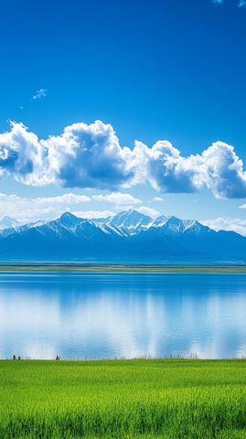 蓝天白云映湖面草地雪山共辉映