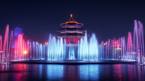 古建筑前五彩喷泉夜景
