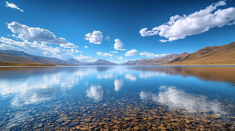 蓝天白云湖水平静山峦