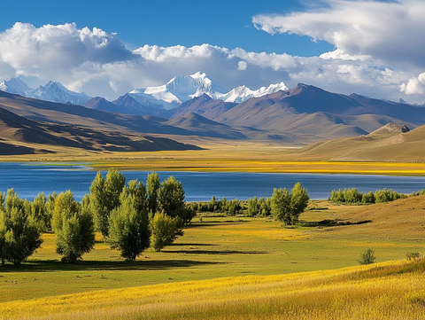 草甸山峦油菜花绿树