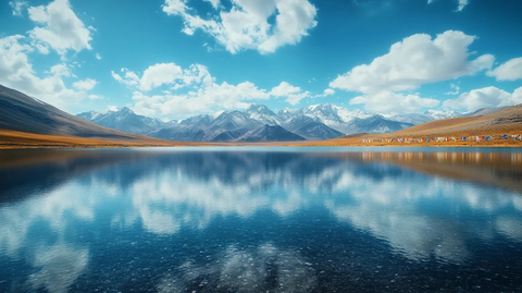 湖水倒影祈祷旗飘扬