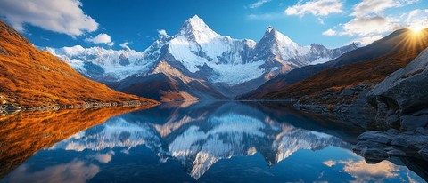 雪山倒映湖面晴空