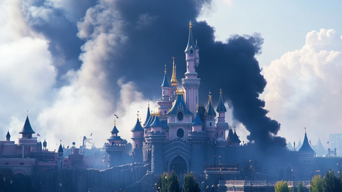 浓烟笼罩下的童话城堡景象