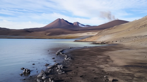 火山喷发湖边景色