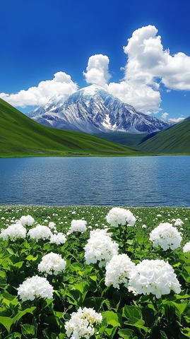雪山蓝天下的白花绿草湖水
