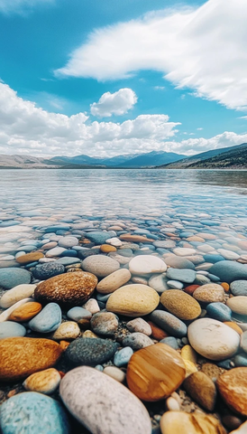 湖水彩色石子远山摄影