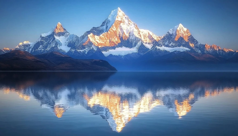 雪峰倒影宁静水面