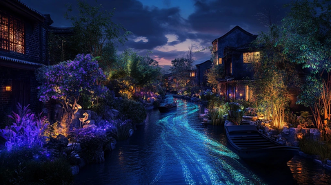 江南水乡夜景灯光下的河流小船