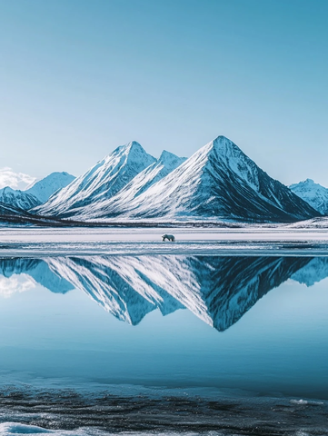 冰湖雪峰倒影与北极熊