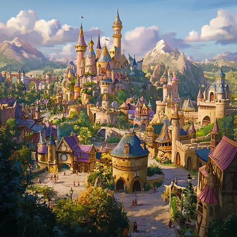 童话风格的梦幻城堡及周边小镇全景