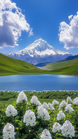 雪山映湖畔白花点绿茵