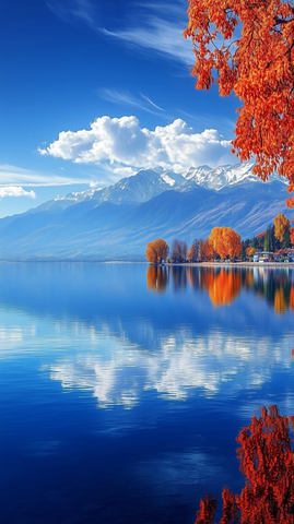 雪景湖畔雾凇倒影