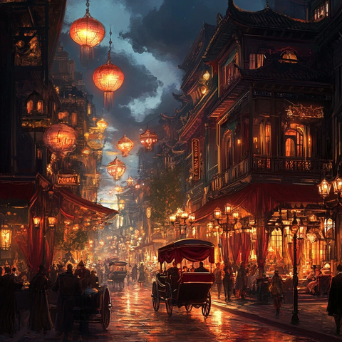 古街夜景灯笼高挂马车行人热闹非凡