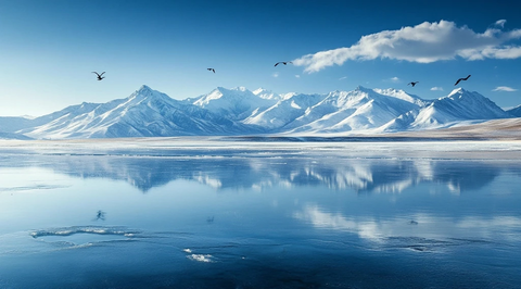 冰湖雪山与飞鸟