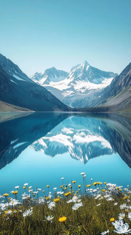 湖水倒映雪山野花
