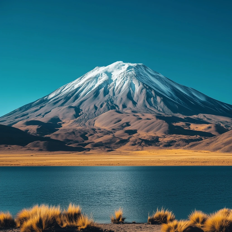 火山雪顶与湖水相映