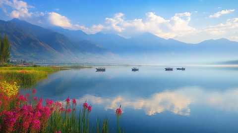 湖水映山峦花田柳岸渔舟