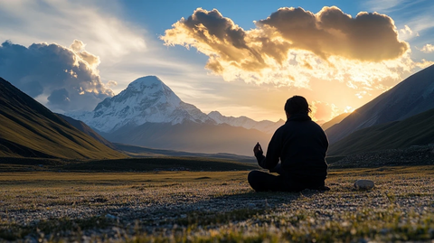 祈祷男子与雪山剪影