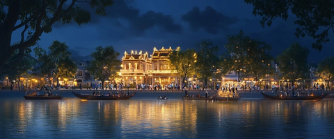 夜景下灯火辉煌的河畔建筑及船只