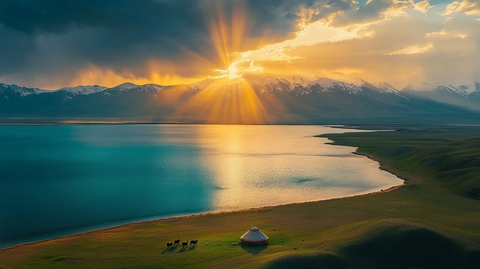 湖水草原日出雪山景象