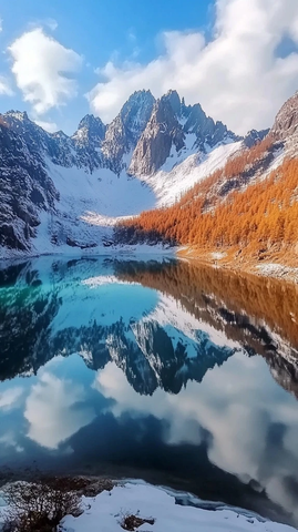 雪峰森林湖泊枯草白云相映