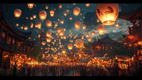 古街夜景灯火通明放飞孔明灯