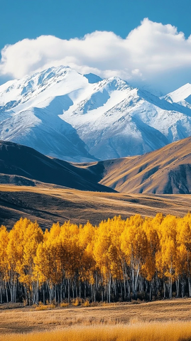 草原远山金叶雪山