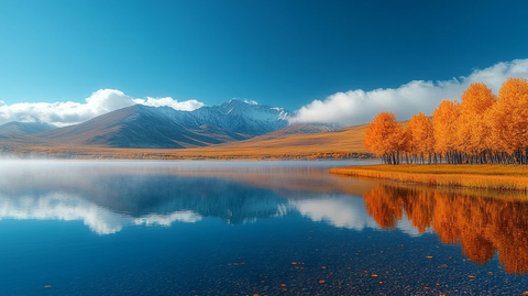 湖水雾气秋叶草地