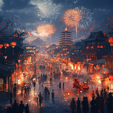 古街夜景中的人群与绚烂烟花