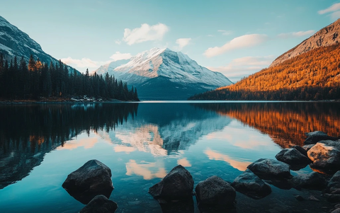 湖面倒影雪山岩石