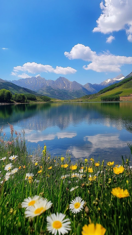 湖水绿草山峦野花