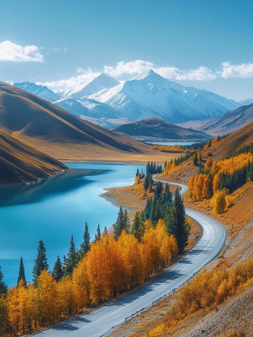 山路湖畔秋叶远山