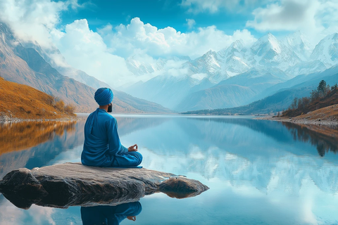 蓝色头巾圣者山湖冥想