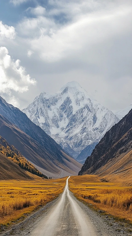 山路通向雪山云雾缭绕