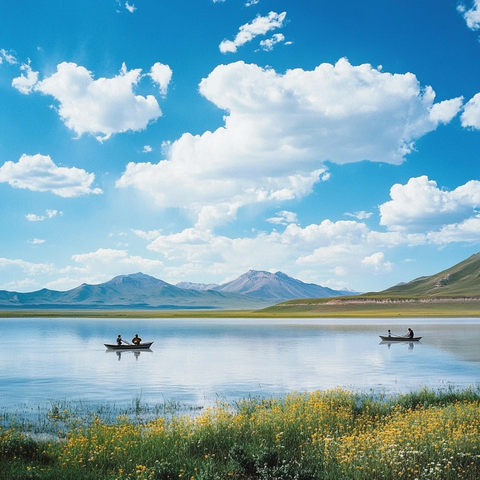 湖面船影远山云水