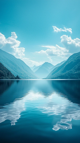 湖水倒映山脉云天