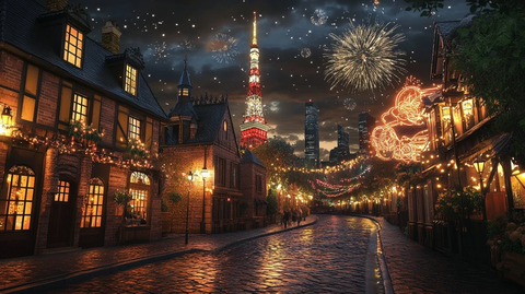 夜景中的街道与东京塔烟火交相辉映