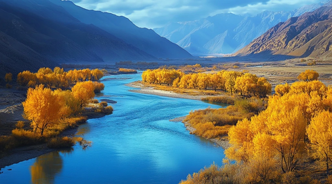 河流流淌金色树林远山
