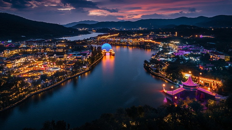 夜景下灯火辉煌的河畔城市景观