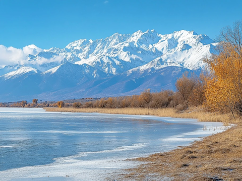 湖面冰冻山峰秋色