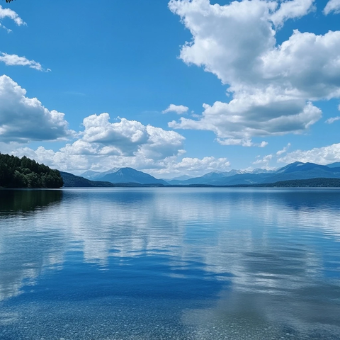 湖水与天空同色云朵飘浮
