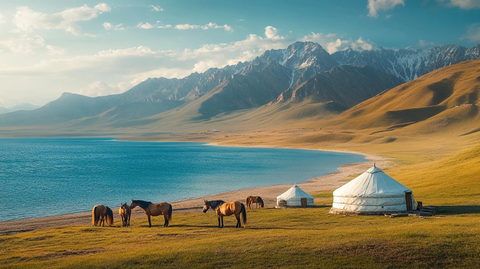 湖水草原与白色毡房