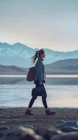 女子湖边行走风拂发丝