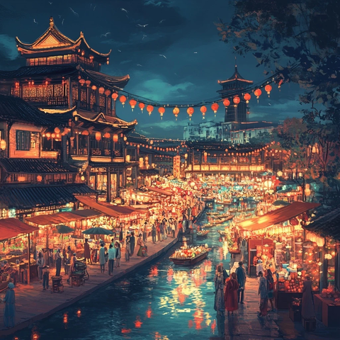 古色古香的中式建筑夜景及热闹街市
