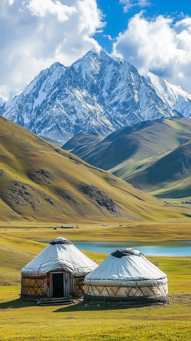 草原雪峰湖畔圆顶帐篷