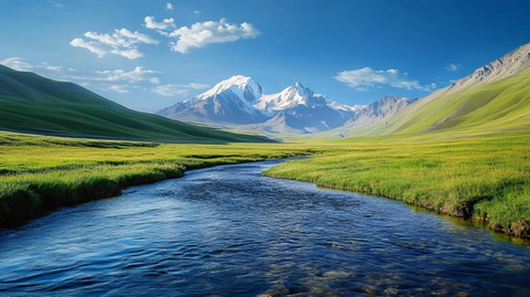 雪山溪流与绿色草地