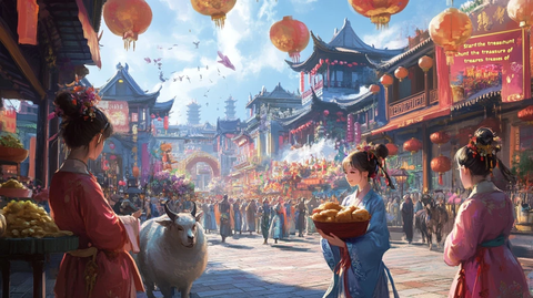 古代街市中女子手捧食物的热闹景象